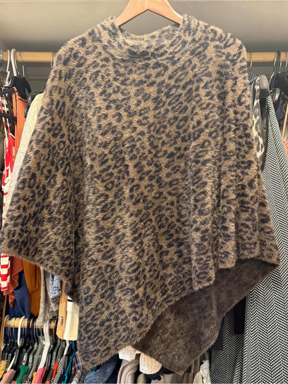Chico's Leopard-Print Fuzzy Poncho in Tan and Black